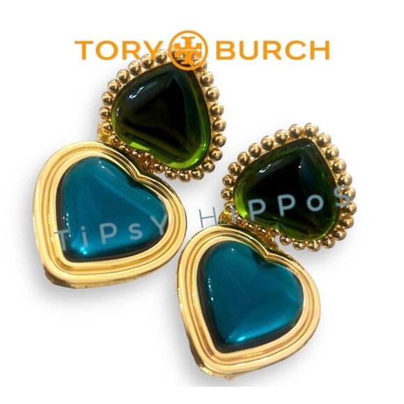 Tory Burch Green & Blue heart drop clip on earrings - Picture 1 of 3